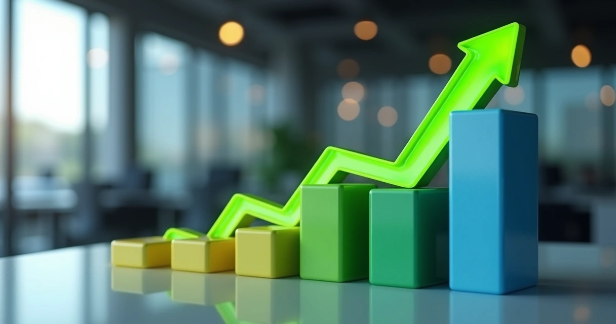 Gráfico de barras mostrando retorno financeiro de automações, com setas verdes indicando aumento 