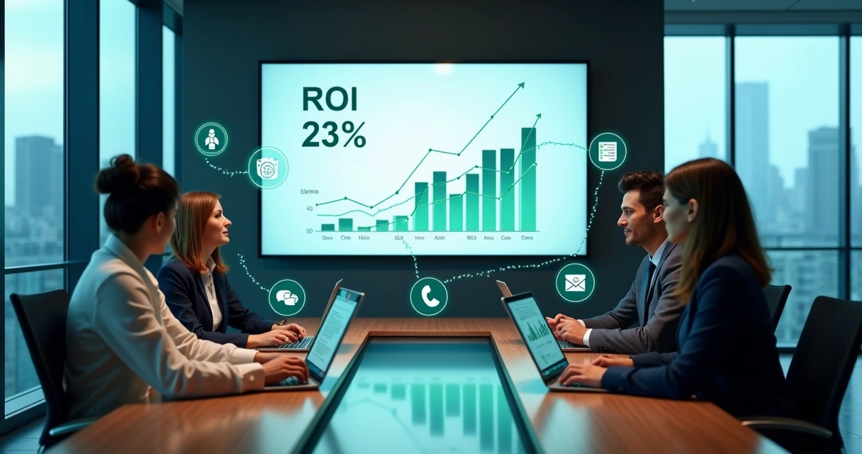 Gráfico de ROI em tela grande com ícones de automação e inteligência artificial conectados a sistemas de empresa 