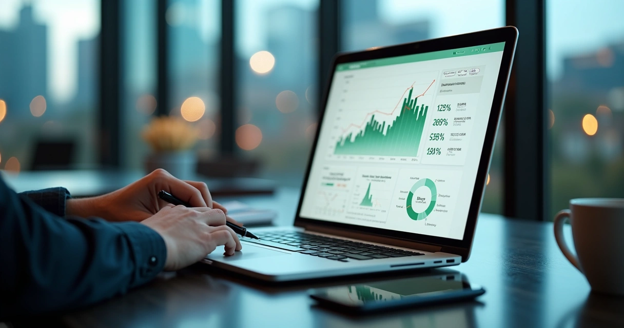 Gráfico de ROI crescente em tela de notebook com profissional analisando campanhas digitais 
