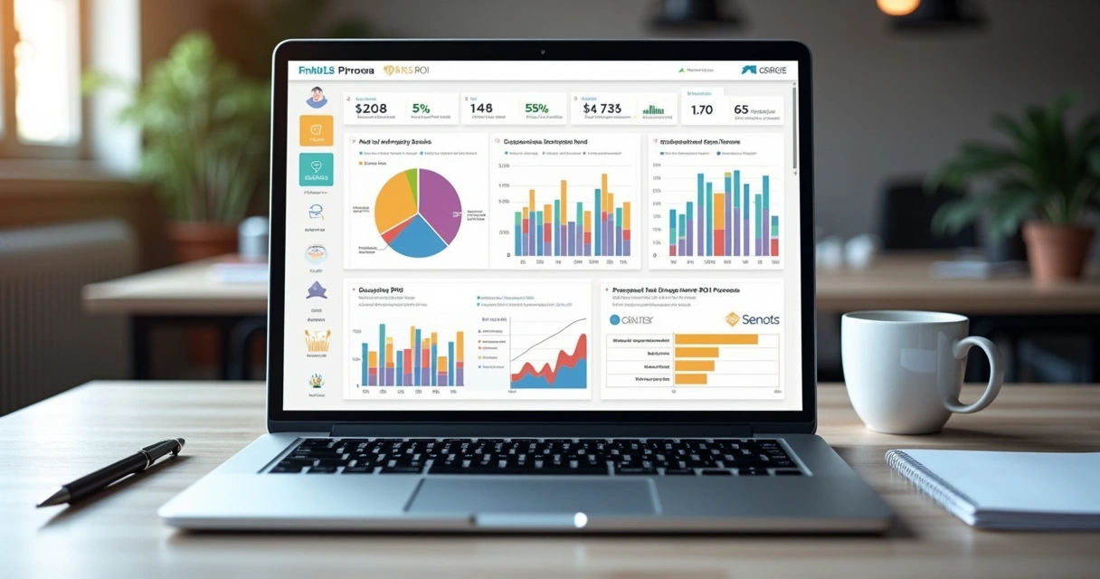 Dashboard de ROI estimado em proposta de software SaaS com gráficos e valores destacados 
