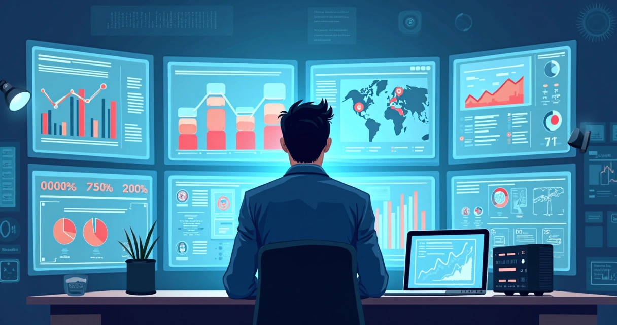Pessoa analisando gráficos de ROI e computadores interligados 