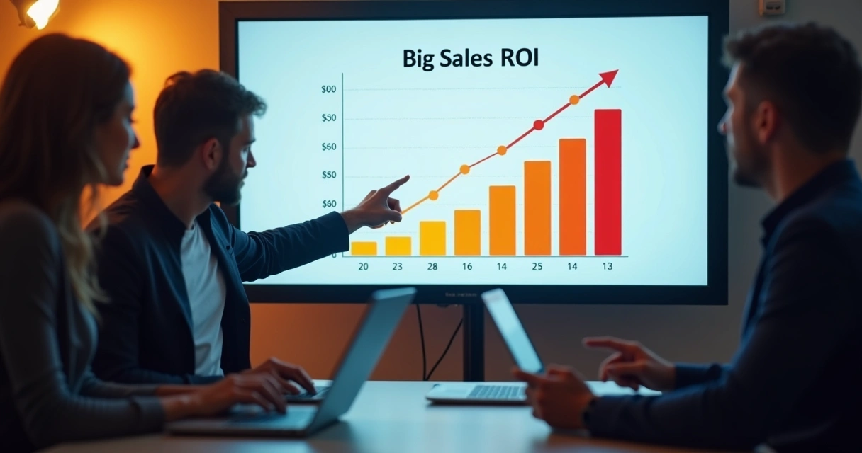 Gráfico de ROI de vendas com agentes revisando dados 