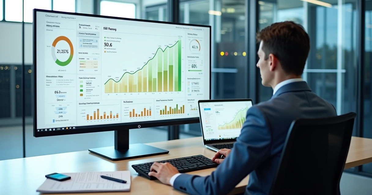 Gestor analisando gráficos de ROI em painel de monitoramento SaaS 