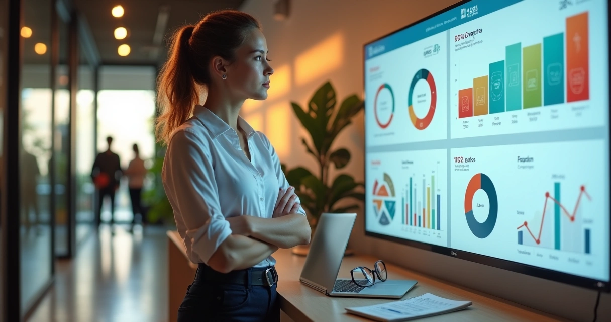 Gestora analisando painel digital que compara indicadores de saúde e ROI da equipe 