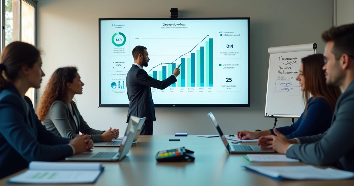 Gestor analisando ROI de treinamento de vendas em telão com gráficos 