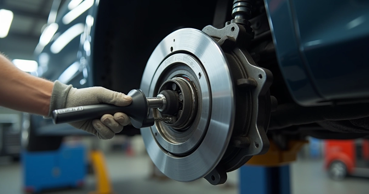 Mecânico inspecionando rolamento da roda de carro com ferramentas profissionais 