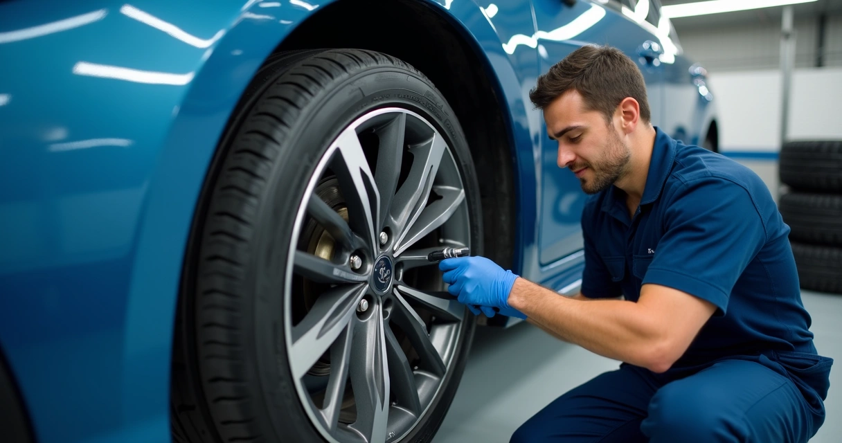 Mecânico examinando rolamento da roda dianteira do carro 