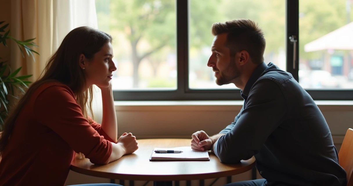 Two people having a focused conversation at a cafe table, open notebook in front, with relaxed body language.