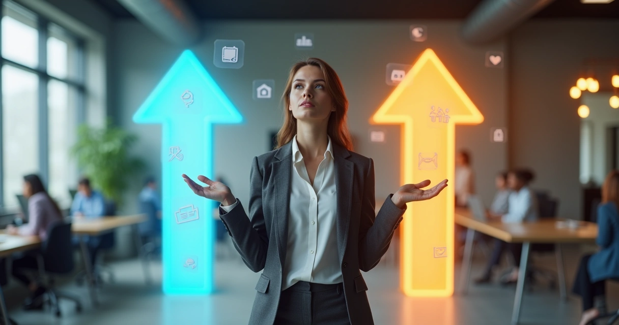 Professional woman at a crossroads facing conflicting role directions 