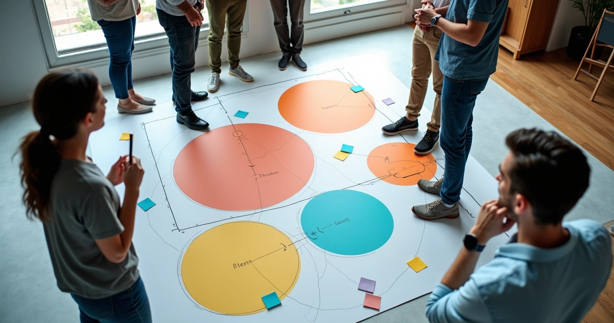 Employees stand in circles representing different roles on a floor map with colored markers 