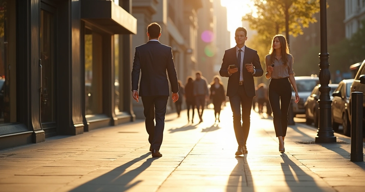 Two professionals walking side by side on a city street, one slightly ahead with a long shadow, the other following and taking notes 