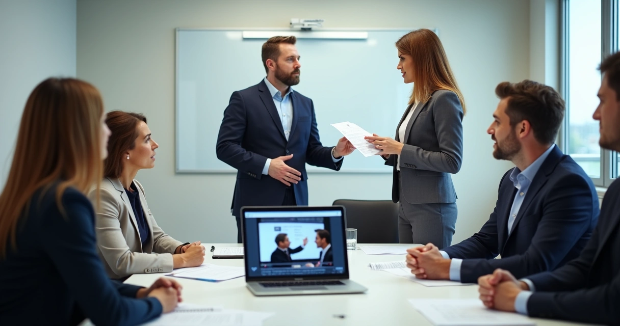 Dois vendedores praticam roleplay de vendas enquanto colegas observam 
