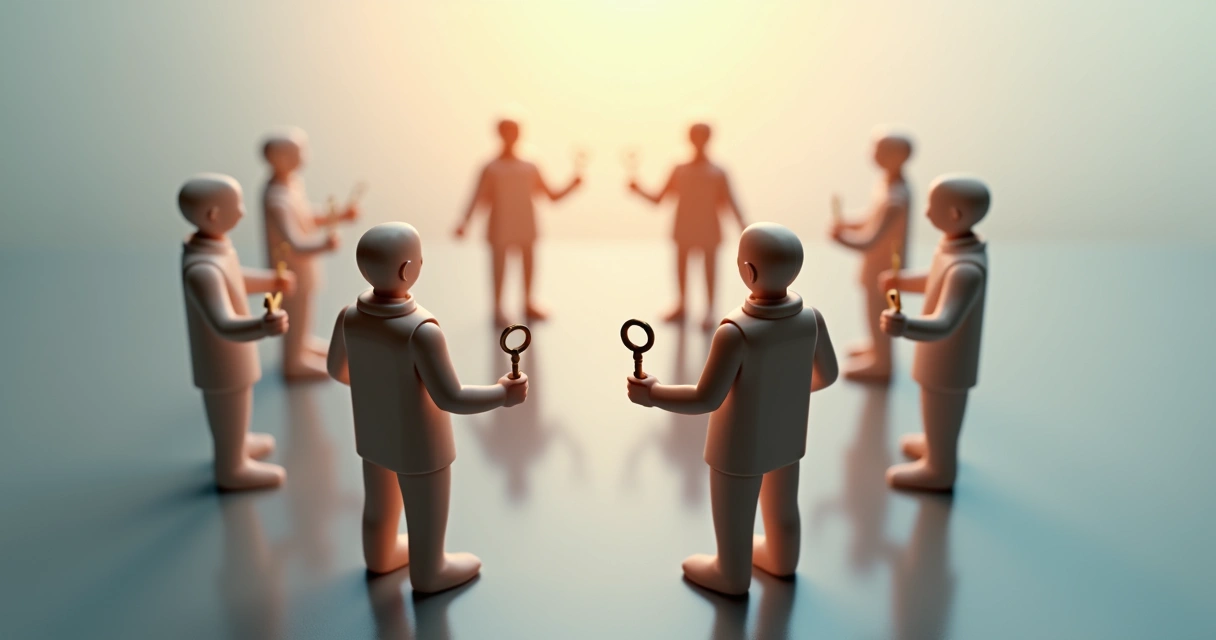 Ilustración de figuras humanas con conexiones y distintos roles 