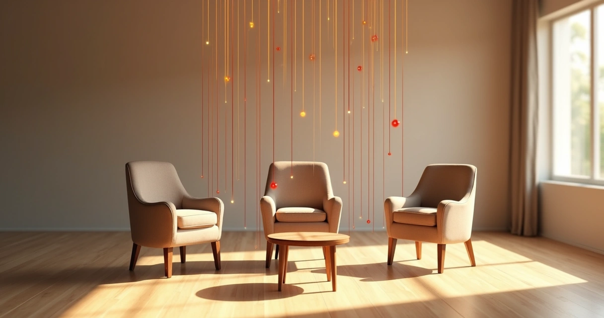 Sala con tres sillas vacías conectadas por hilos entrelazados 