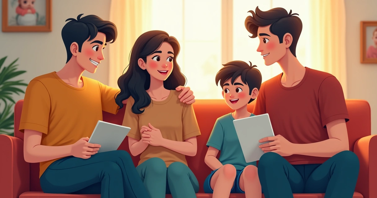 Representación visual de una familia con distintos miembros mostrando interacciones y roles diferentes. 