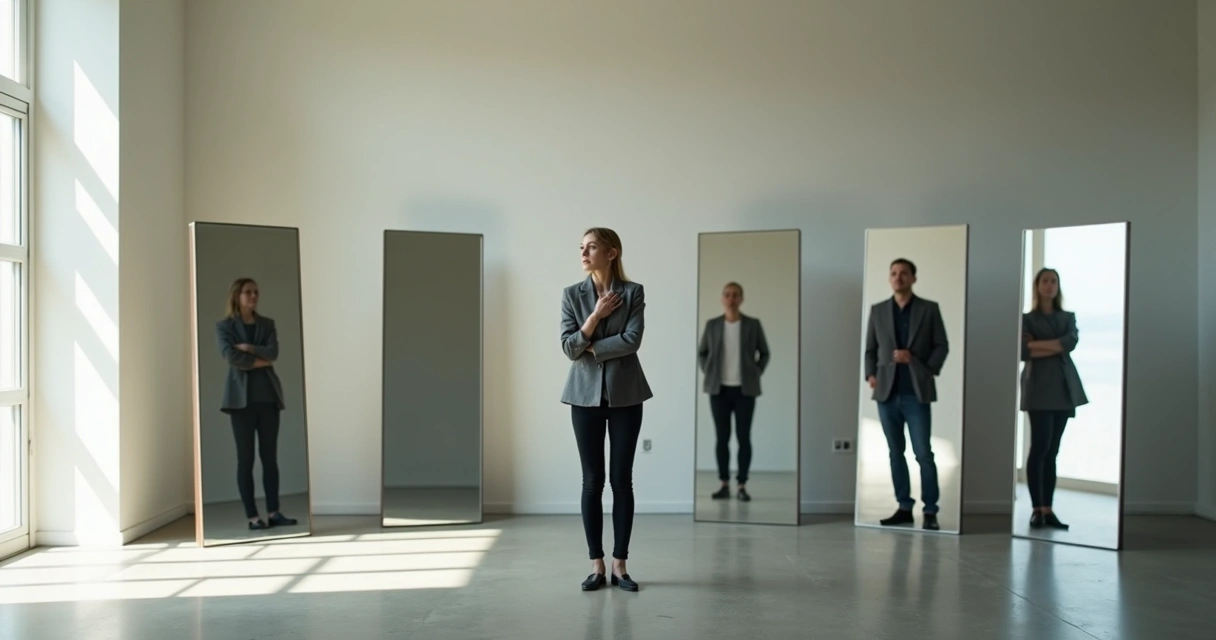 Persona rodeada de cinco espejos reflejando versiones distintas de sí misma 