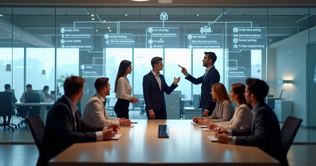 Directivos observan un organigrama con siluetas ocultas detrás de equipos de trabajo 