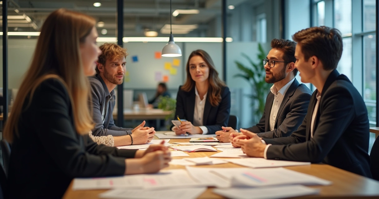 Colaboradores reunidos en una oficina, expresando roles informales y conversaciones discretas