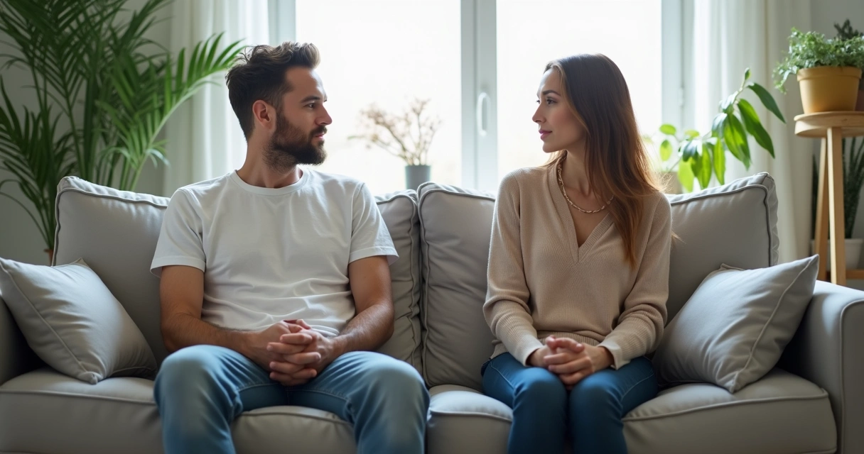 Pareja sentada en un sofá, mirando en direcciones opuestas, mostrando distancia emocional. 