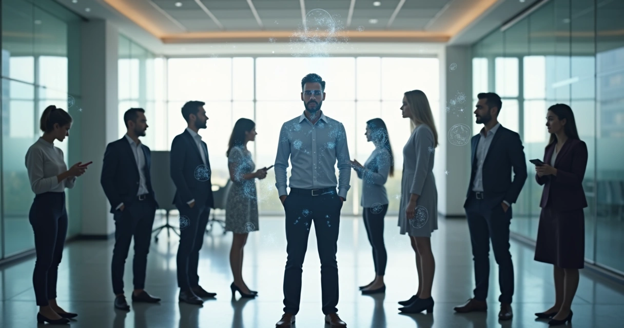 Equipo de trabajo en círculo con siluetas que muestran distintos roles organizacionales 