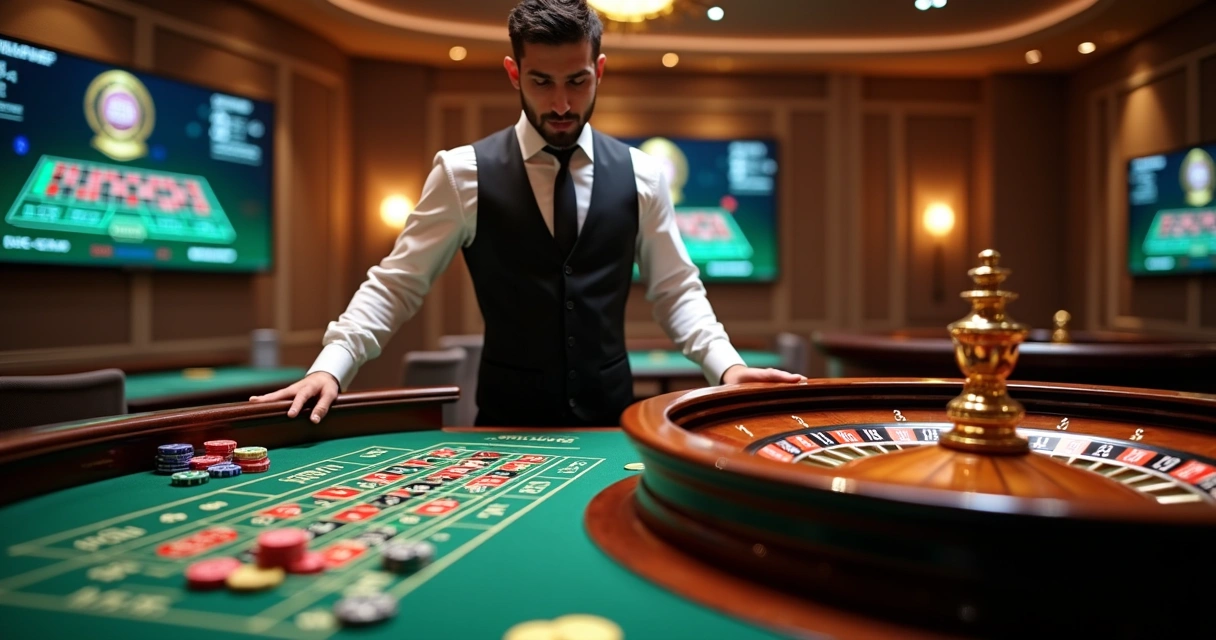 Mesa de roleta brasileira com crupiê, fichas coloridas e interface digital moderna em cassino online 