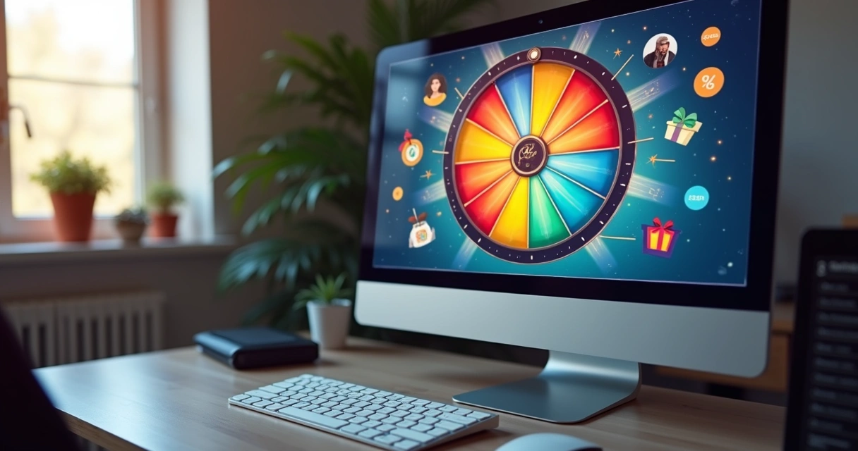 Roleta de descontos interativa colorida em tela de computador mostrando promoções para ecommerce 