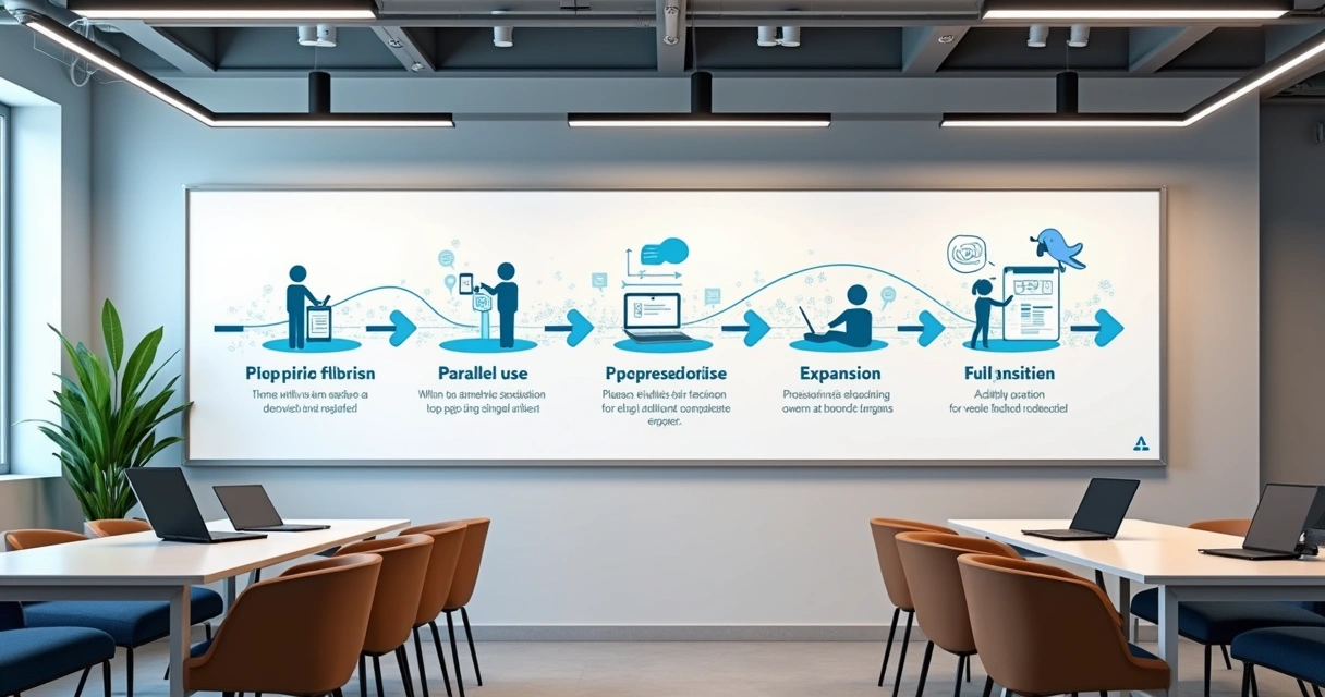 Quadro com etapas visuais do rollout de sistema 
