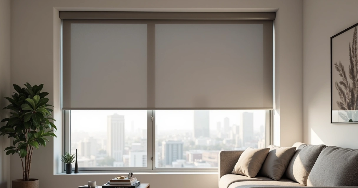 Persiana rolo box blackout instalada em sala moderna com decoração minimalista e luz natural controlada 