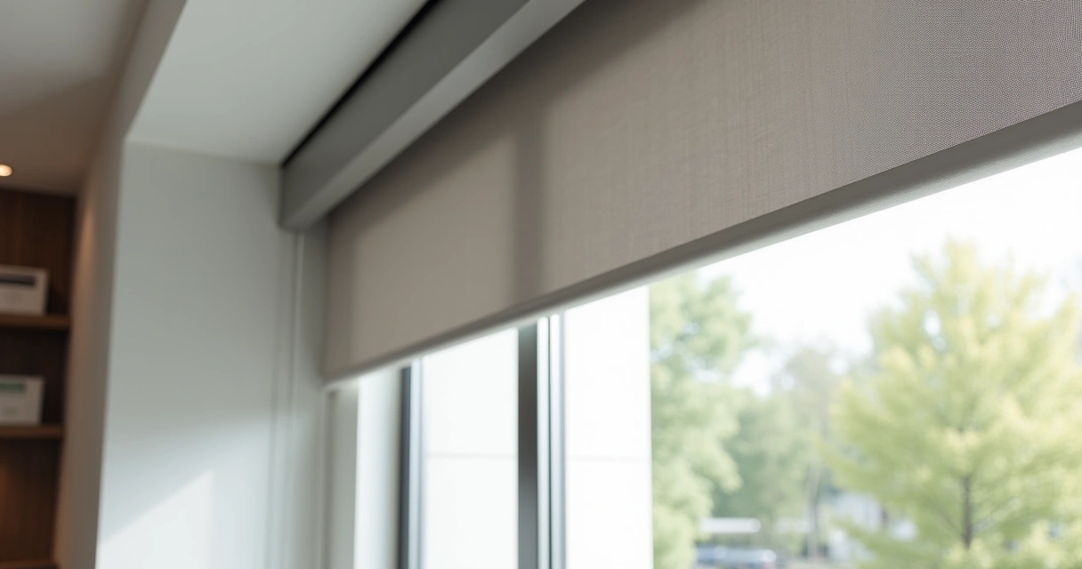 Detalhes de uma persiana Rolo Box instalada, com foco em suas guias laterais e cabeçote fechado