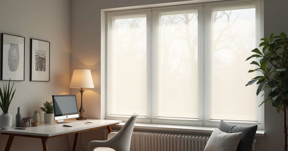 Home office iluminado com janela e persiana Rolo Box blackout fechada