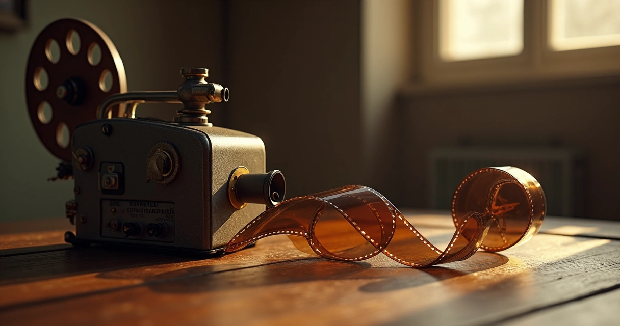 Rolo de filme e projetor antigos sobre mesa de madeira 