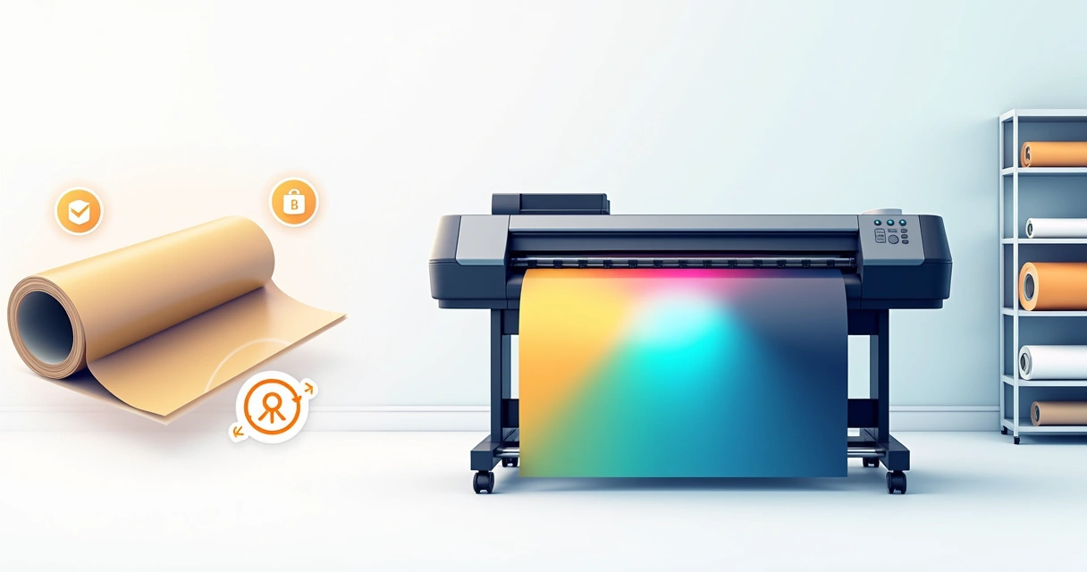 Rolo de teflon instalado em plotter de grande formato com impressão em andamento 