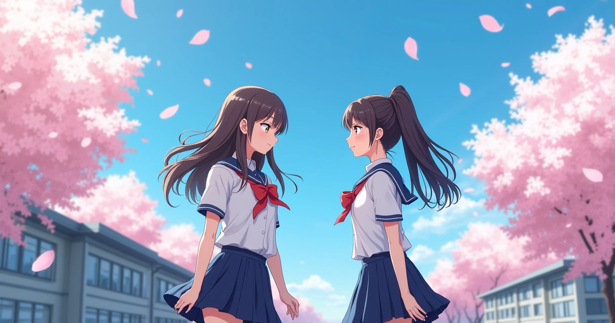 Duas adolescentes de uniforme escolar trocando olhares 