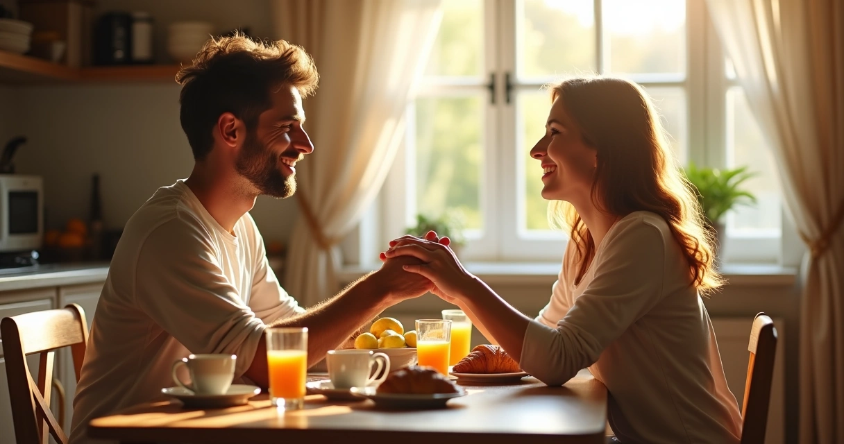 Couple sharing romantic breakfast at home