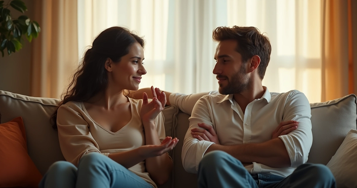 Couple sitting together, one partner reaching out while the other looks away