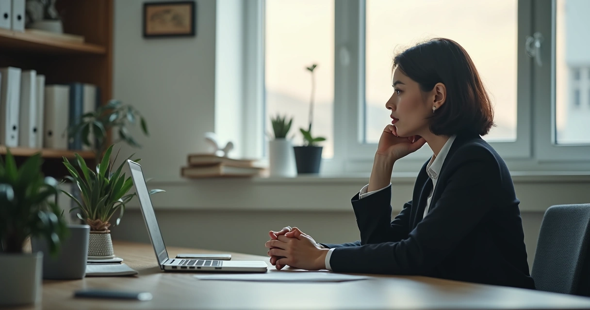 Pessoa refletindo sozinha numa sala de escritório iluminada e organizada