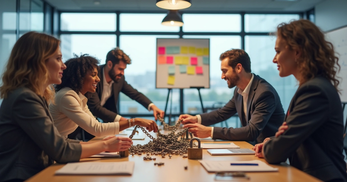 Equipe de trabalho quebrando símbolos rígidos em sala moderna 