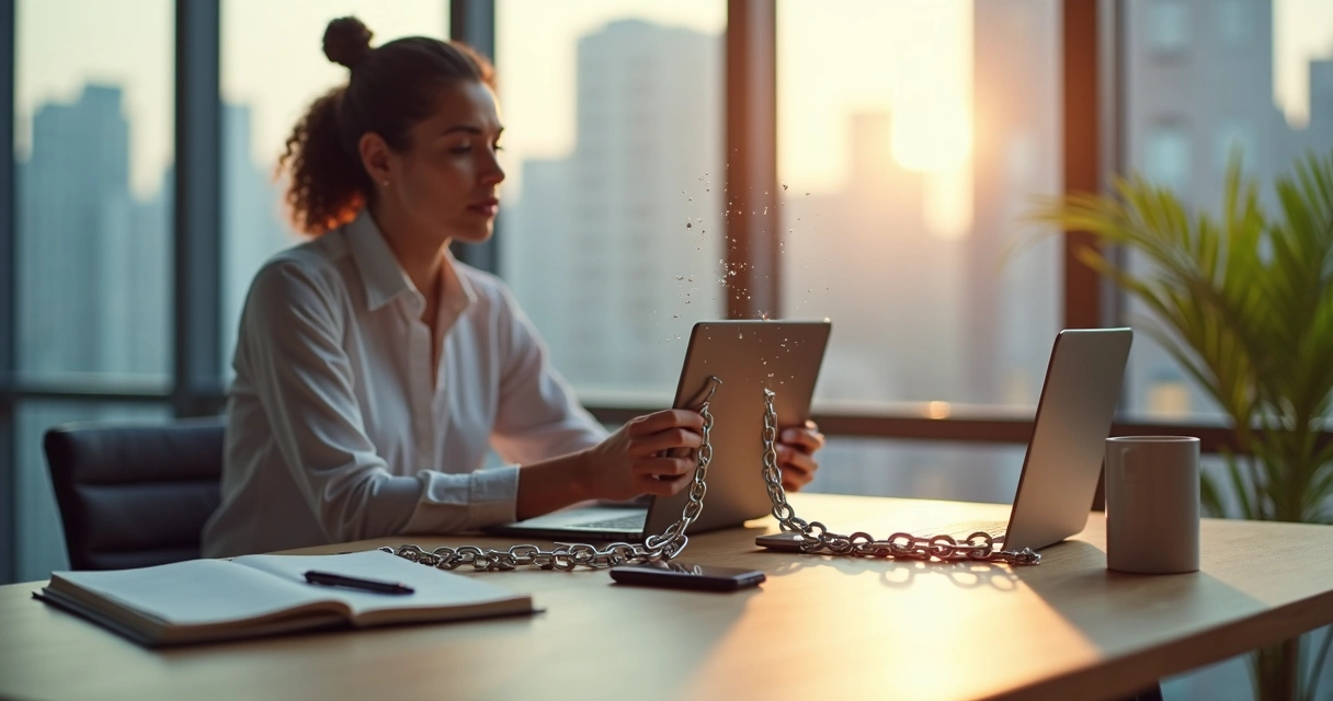 Profesional rompiendo cadenas simbólicas en su escritorio de oficina 