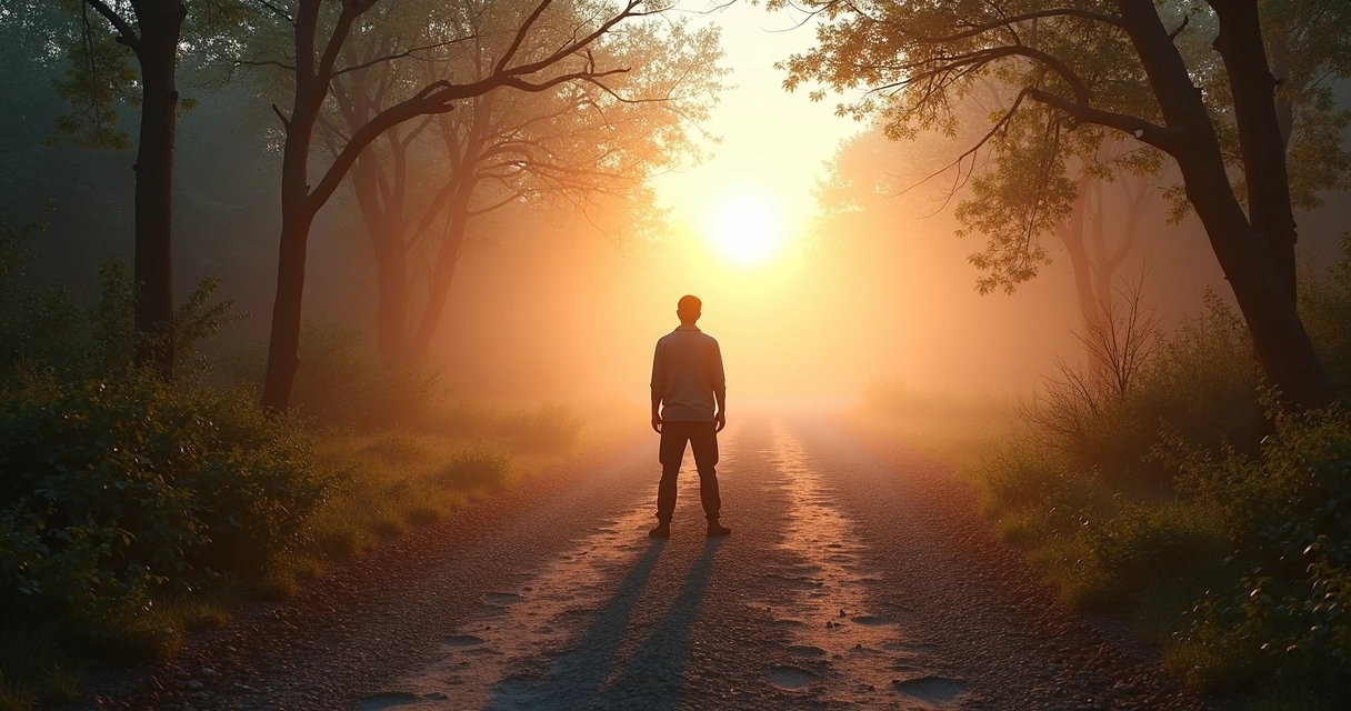 Pessoa em pé diante de dois caminhos escolhendo a direção mais clara e serena 
