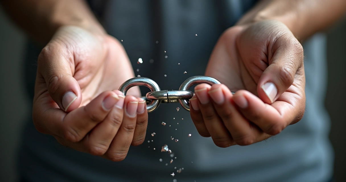 Dos manos rompiendo una cadena de metal 