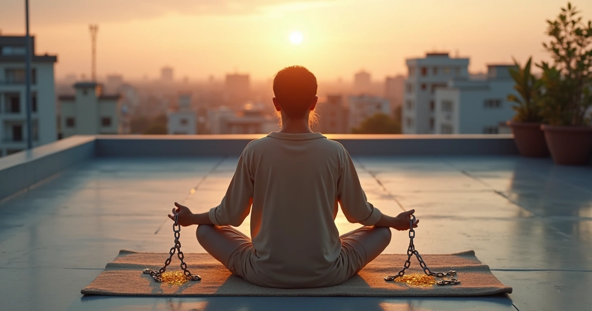 Persona rompiendo una cadena de culpa mientras medita al amanecer 