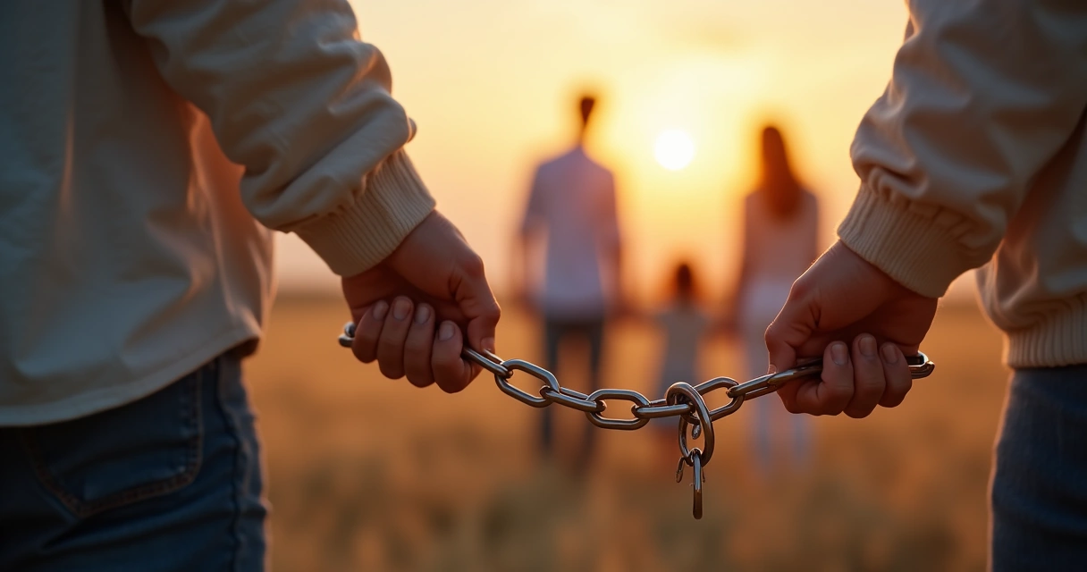 Manos rompiendo cadenas mientras una familia se ve en el fondo desenfocada 