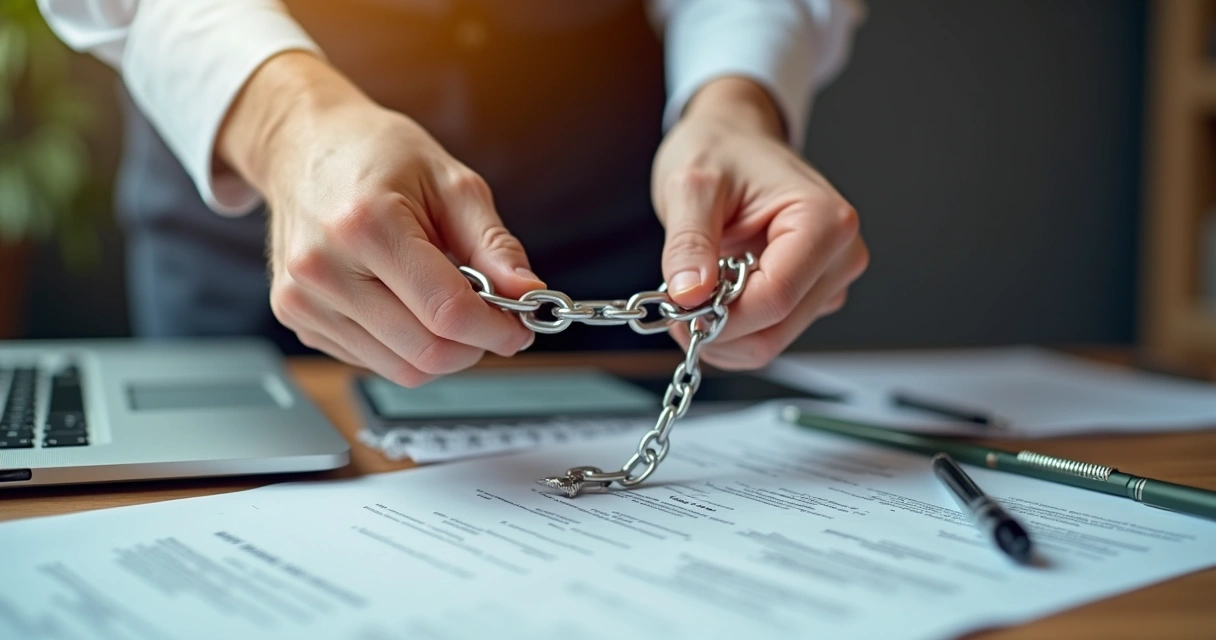 Manos liberándose de cadenas en una mesa de trabajo