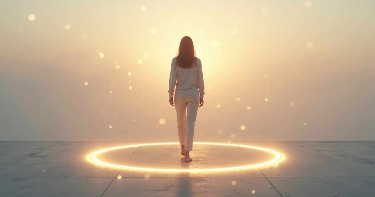 Persona rompiendo un círculo luminoso repetitivo mediante un paso consciente adelante 