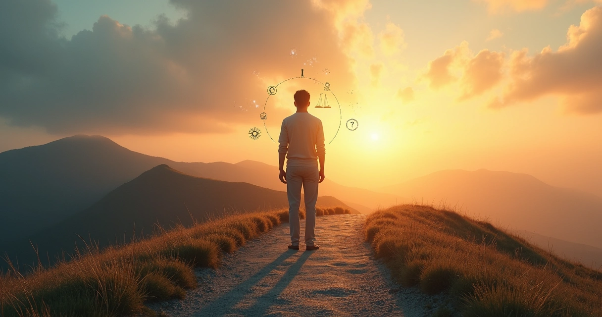 Pessoa em pé diante de estrada se dividindo entre passado escuro e futuro iluminado 