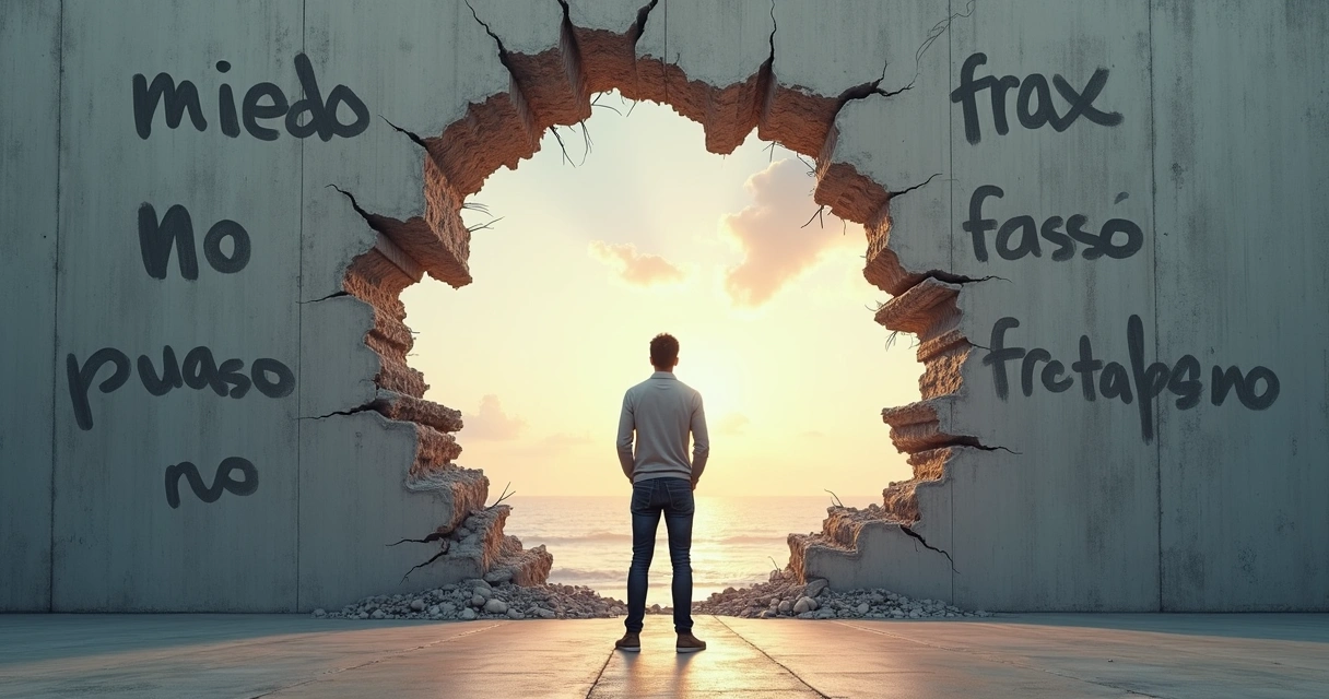 Persona frente a una pared de palabras negativas que se rompe dejando ver un cielo claro 