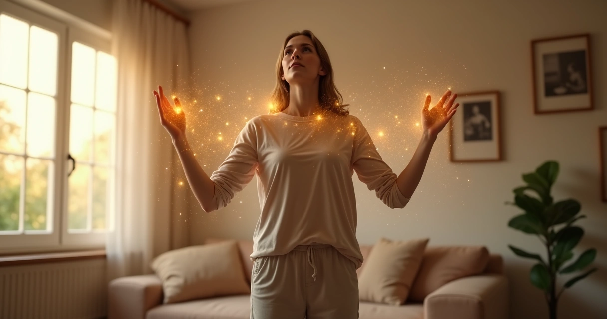 Persona rompiendo hilos invisibles que la atan a siluetas familiares en el fondo 