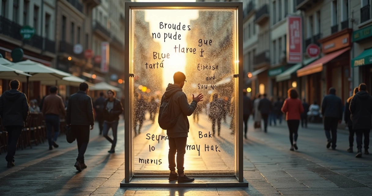 Persona en una vitrina rompe frases limitantes escritas en el cristal 