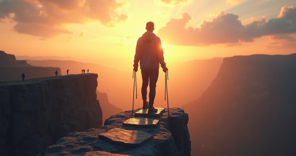 Pessoa em pé à beira de um penhasco rompendo correntes que a prendiam a sombras no fundo do vale 