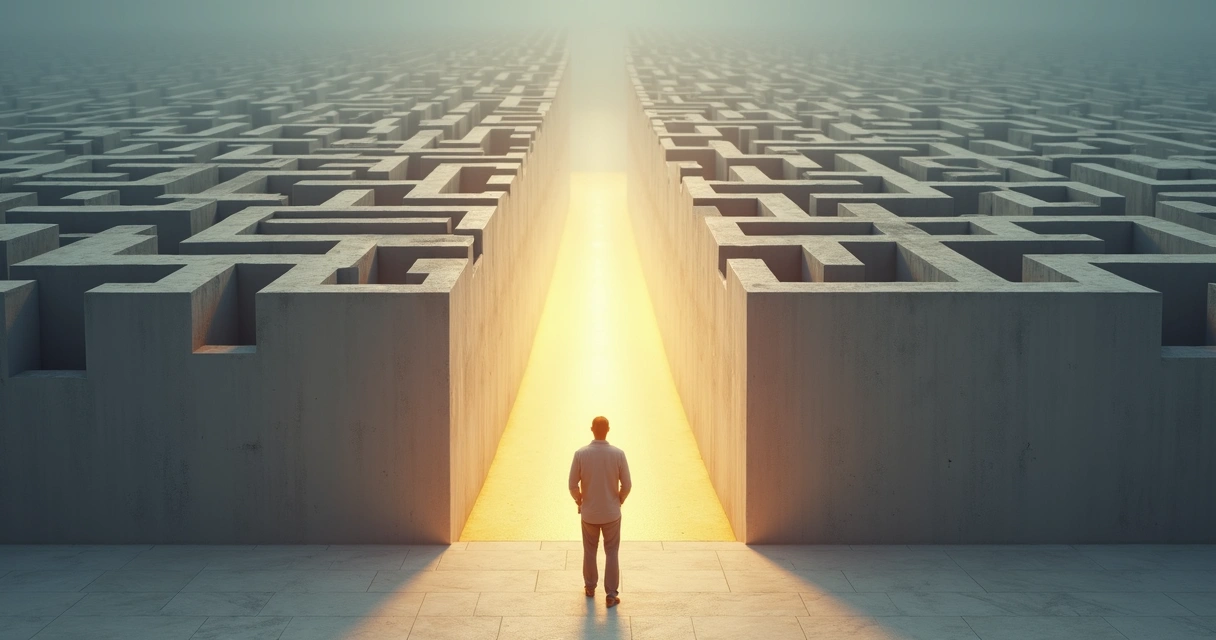 Pessoa em pé à frente de labirinto com caminho iluminado saindo em linha reta 